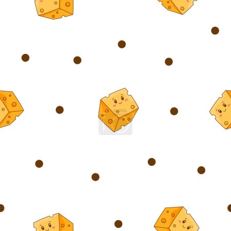 Cute kawaii cheese. Seamless pattern. Funny happy food characters. Childrens restaurant menu. Hand drawn style. Vector drawing. Design ornaments.