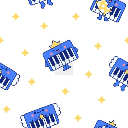 Cute piano character. Seamless pattern. Cartoon musical instrument with different emotions. Hand drawn style. Vector drawing. Design ornaments.