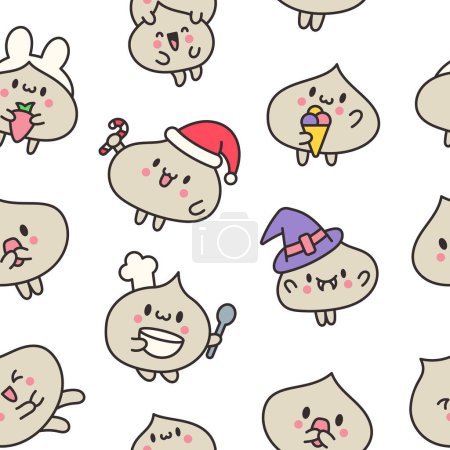 Cute dumplings characters with different facial expressions. Seamless pattern. Chinese food. Hand drawn style. Vector drawing. Design ornaments.