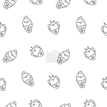Cute animals with ice cream in waffle cone. Seamless pattern. Coloring Page. Cartoon funny food dessert. Hand drawn style. Vector drawing. Design ornaments.