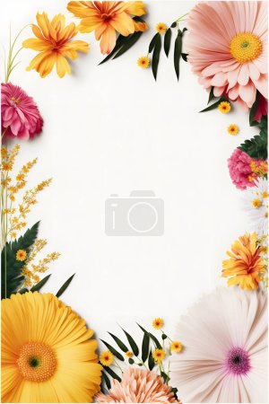 Top-view floral background photo with plenty of copy space, perfect for website backgrounds, social media posts, advertising, packaging, etc. Vibrant flowers, lush greenery, high-res image suitable for print & digital use, easily editable