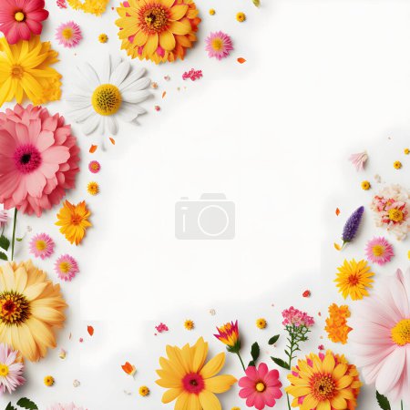 Top-view floral background photo with plenty of copy space, perfect for website backgrounds, social media posts, advertising, packaging, etc. Vibrant flowers, lush greenery, suitable for print & digital use, easily editable & croppable