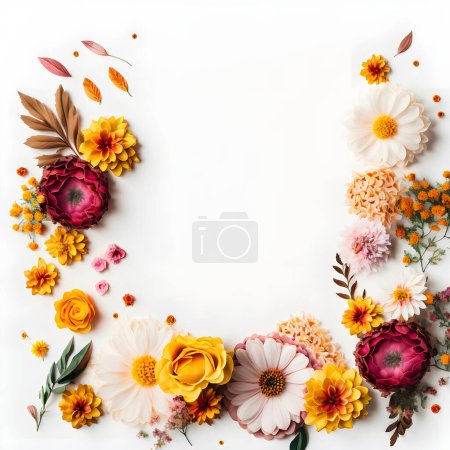 Photo for Top-view floral background photo with plenty of copy space, perfect for website backgrounds, social media posts, advertising, packaging, etc. Vibrant flowers, lush greenery, suitable for print & digital use, easily editable & croppable - Royalty Free Image
