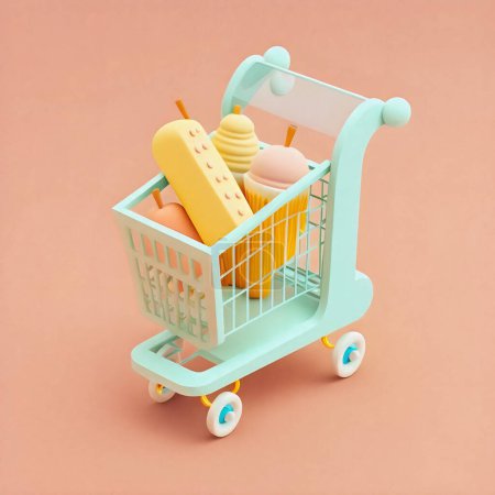 Cute & whimsical 3D shopping cart icon character perfect for e-commerce, retail projects, website icons, app buttons, marketing materials. Adorable cartoon-like design, cheerful colors, filled with items, 3D style gives depth & realism. High-res