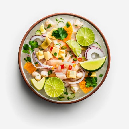 atemberaubende Ceviche auf weißem Hintergrund Food-Fotografie. Hervorheben Sie die lebendigen Aromen des geliebten lateinamerikanischen Gerichts auf minimalistische und raffinierte Weise. Perfekt für Kochbücher, Food-Blogs, Speisekarten