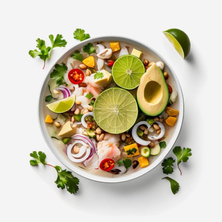 Foto de Stunning Ceviche on white background food photography. Highlight the vibrant flavors of Latin America's beloved dish in a minimalistic and sophisticated way. Perfect for cookbooks, food blogs, menu - Imagen libre de derechos