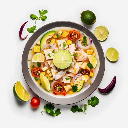 Foto de Stunning Ceviche on white background food photography. Highlight the vibrant flavors of Latin America's beloved dish in a minimalistic and sophisticated way. Perfect for cookbooks, food blogs, menu - Imagen libre de derechos
