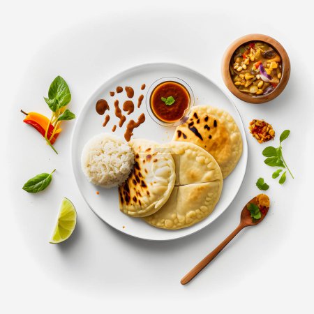 Photo for Pupusas on white background food photography. High-quality images capture the traditional flavors and textures of this beloved street food in a modern and sophisticated way. Ideal for cookbooks - Royalty Free Image