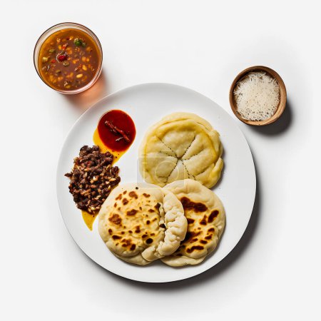 Foto de Pupusas on white background food photography. High-quality images capture the traditional flavors and textures of this beloved street food in a modern and sophisticated way. Ideal for cookbooks - Imagen libre de derechos