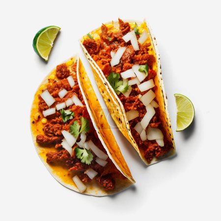 Un Tacos al Pastor coloré sur fond blanc. Du porc mariné juteux, de l'ananas frais et de la coriandre garnissent une tortilla de maïs chaude. Image attrayante parfaite pour les publicités sur les aliments et les boissons, la conception de menus et l'éditorial