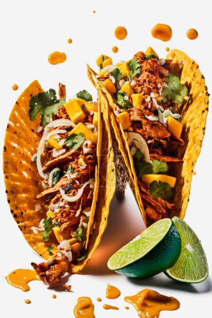 Ein farbenfroher Tacos al Pastor auf weißem Hintergrund. Saftig mariniertes Schweinefleisch, frische Ananas und Koriander überziehen eine warme Maistortilla. Ansprechendes Image perfekt für Speise- und Getränkeanzeigen, Menüdesign und Leitartikel