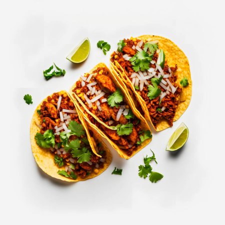 Téléchargez les photos : A colorful Tacos al Pastor on white background. Juicy marinated pork, fresh pineapple, and cilantro top a warm corn tortilla. Appealing image perfect for food and drink ads, menu design, and editorial - en image libre de droit
