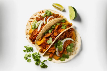 Foto de A colorful Tacos al Pastor on white background. Juicy marinated pork, fresh pineapple, and cilantro top a warm corn tortilla. Appealing image perfect for food and drink ads, menu design, and editorial - Imagen libre de derechos
