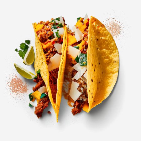 Foto de A colorful Tacos al Pastor on white background. Juicy marinated pork, fresh pineapple, and cilantro top a warm corn tortilla. Appealing image perfect for food and drink ads, menu design, and editorial - Imagen libre de derechos