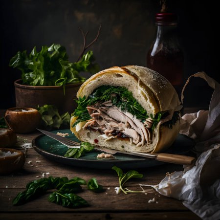 Foto de Celebrate the taste of Italy with our Porchetta sandwich photo collection. High-quality images showcase juicy pork roast, crispy crackling, herbs, and tangy sauce on a rustic background. - Imagen libre de derechos