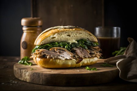 Photo for Celebrate the taste of Italy with our Porchetta sandwich photo collection. High-quality images showcase juicy pork roast, crispy crackling, herbs, and tangy sauce on a rustic background. - Royalty Free Image