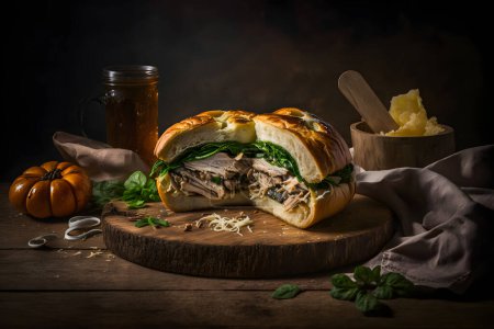 Foto de Celebrate the taste of Italy with our Porchetta sandwich photo collection. High-quality images showcase juicy pork roast, crispy crackling, herbs, and tangy sauce on a rustic background. - Imagen libre de derechos