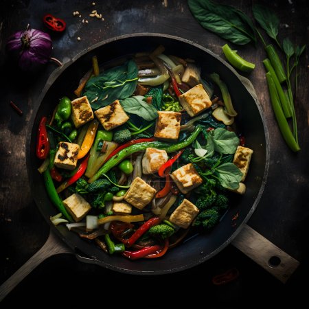 Savoureux tofu sauté avec des légumes, tofu croustillant & coriandre fraîche. Repas végétalien parfait pour une alimentation saine. Idéal pour les blogs alimentaires et les livres de cuisine. Entourez votre public pour essayer ce plat savoureux