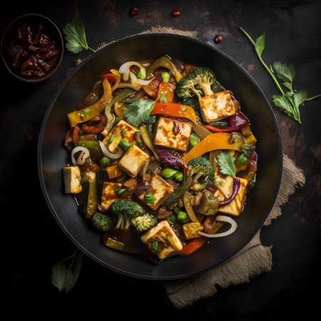 Leckerer Tofu-Rührbraten mit Gemüse, knusprigem Tofu und frischem Koriander. Perfekte vegane Mahlzeit für gesunde Ernährung. Ideal für Foodblogs & Kochbücher. Lassen Sie Ihr Publikum dieses schmackhafte Gericht probieren