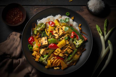 Foto de Tasty tofu stir fry with veggies, crispy tofu & fresh cilantro. Perfect vegan meal for healthy eating. Ideal for food blogs & cookbooks. Entice your audience to try this flavorful dish - Imagen libre de derechos