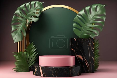 Foto de Una lujosa maqueta de exhibición de escenario de podio rosa de mármol blanco mate perfecta para la presentación del producto. Con una ilustración de hojas de palma tropical verde, agrega un toque de glamour exótico - Imagen libre de derechos
