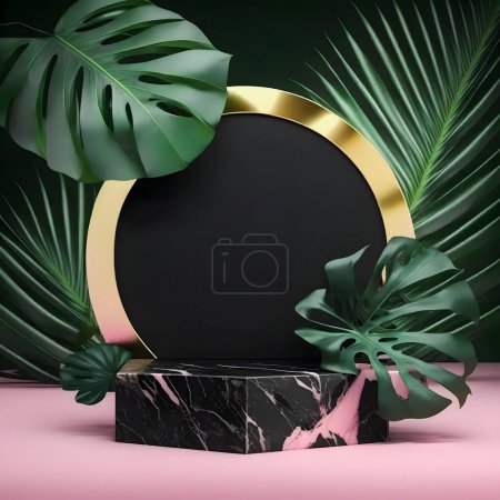 Téléchargez les photos : A luxurious mate white marble pink podium stage display mockup perfect for product presentation. Featuring a green tropical palm leaves illustration, it adds a touch of exotic glamour - en image libre de droit