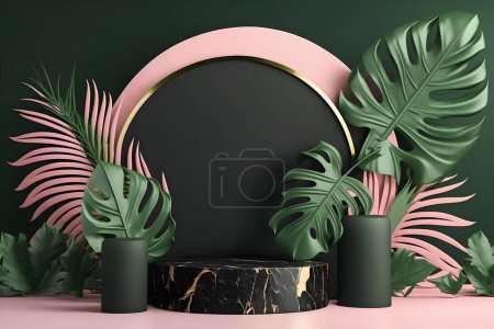 Foto de Una lujosa maqueta de exhibición de escenario de podio rosa de mármol blanco mate perfecta para la presentación del producto. Con una ilustración de hojas de palma tropical verde, agrega un toque de glamour exótico - Imagen libre de derechos