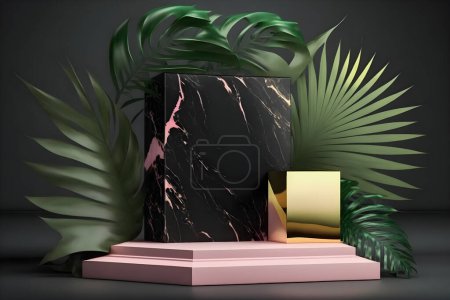 Foto de A luxurious mate white marble pink podium stage display mockup perfect for product presentation. Featuring a green tropical palm leaves illustration, it adds a touch of exotic glamour - Imagen libre de derechos