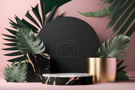  A luxurious mate white marble pink podium stage display mockup perfect for product presentation. Featuring a green tropical palm leaves illustration, it adds a touch of exotic glamour