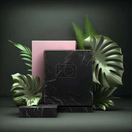 Foto de A luxurious mate white marble pink podium stage display mockup perfect for product presentation. Featuring a green tropical palm leaves illustration, it adds a touch of exotic glamour - Imagen libre de derechos