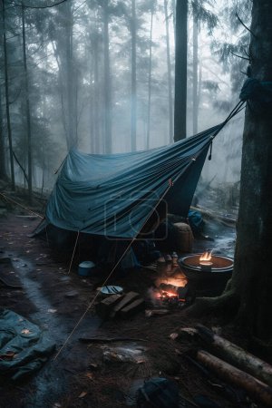 Wilderness Survival: Tienda de bosquejos bajo la lona bajo la fuerte lluvia, abrazando el frío del amanecer - Una escena de resistencia y resiliencia