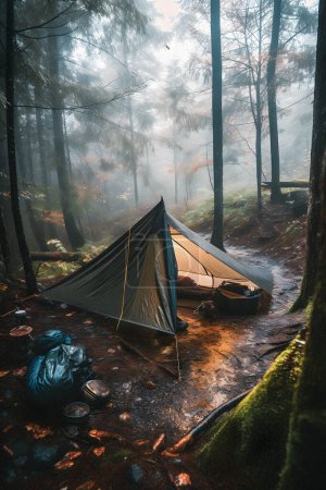 Téléchargez les photos : Survie en milieu sauvage : Tente Bushcraft sous la bâche sous la pluie, embrassant le frisson de l'aube - Une scène d'endurance et de résilience - en image libre de droit