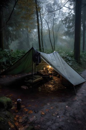Überleben in der Wildnis: Bushcraft-Zelt unter der Plane bei starkem Regen, das die Kälte der Morgendämmerung aufnimmt - eine Szene der Ausdauer und Widerstandskraft