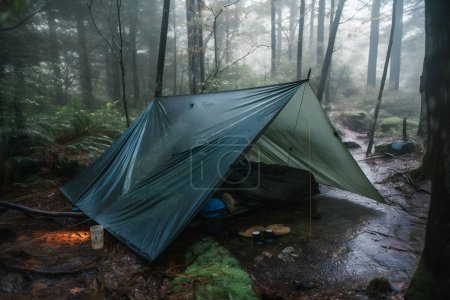 Überleben in der Wildnis: Bushcraft-Zelt unter der Plane bei starkem Regen, das die Kälte der Morgendämmerung aufnimmt - eine Szene der Ausdauer und Widerstandskraft