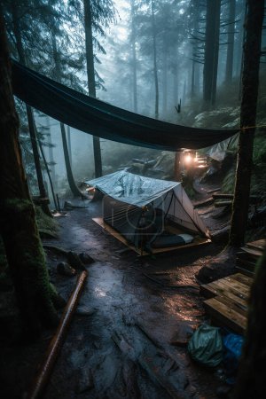 Foto de Wilderness Survival: Tienda de bosquejos bajo la lona bajo la fuerte lluvia, abrazando el frío del amanecer - Una escena de resistencia y resiliencia - Imagen libre de derechos