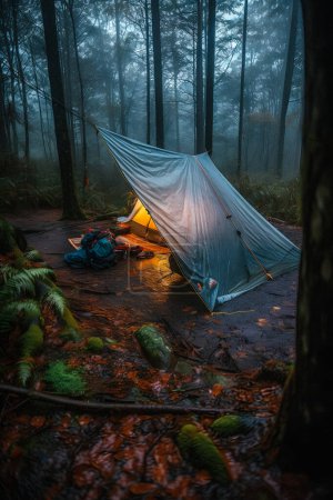 Foto de Wilderness Survival: Tienda de bosquejos bajo la lona bajo la fuerte lluvia, abrazando el frío del amanecer - Una escena de resistencia y resiliencia - Imagen libre de derechos
