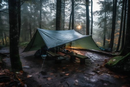 Téléchargez les photos : Survie en milieu sauvage : Tente Bushcraft sous la bâche sous la pluie, embrassant le frisson de l'aube - Une scène d'endurance et de résilience - en image libre de droit