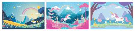 Piérdete en un mundo mágico con esta colección de Ilustración Vectorial Adorable de un Unicornio en un Hermoso Fondo Natural - Perfecto para Agregar Fantasía y Encanto a Tus Proyectos