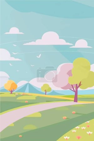 Téléchargez les illustrations : Peaceful natural landscape illustration with green trees, rolling hills, and a clear blue sky - perfect for any project needing a serene outdoor setting. This vector artwork - en licence libre de droit