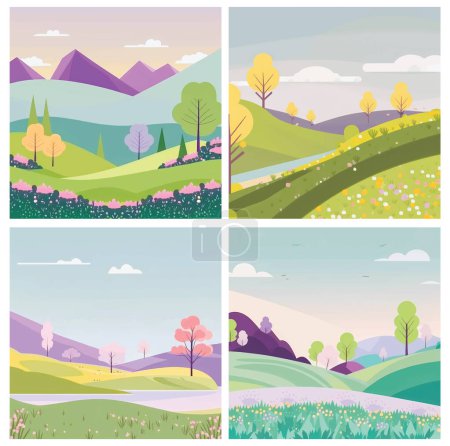 Illustration for Peaceful natural landscape illustration with green trees, rolling hills, and a clear blue sky - perfect for any project needing a serene outdoor setting. This vector artwork - Royalty Free Image