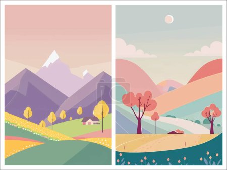 Ilustración de Peaceful natural landscape illustration with green trees, rolling hills, and a clear blue sky - perfect for any project needing a serene outdoor setting. This vector artwork - Imagen libre de derechos