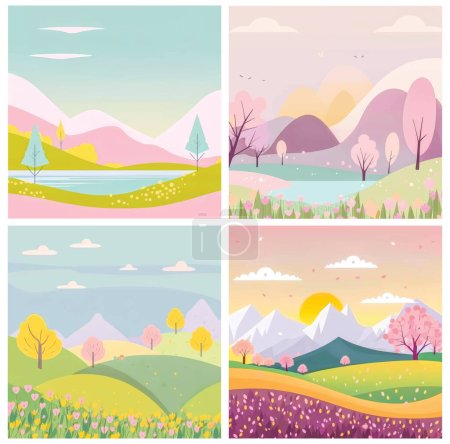 Téléchargez les illustrations : Peaceful natural landscape illustration with green trees, rolling hills, and a clear blue sky - perfect for any project needing a serene outdoor setting. This vector artwork - en licence libre de droit