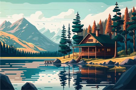 Ilustración de Cabaña Serene Mountain Lake en medio de un exuberante bosque y picos majestuosos: Ilustración de vectores planos con espacio para redes sociales - Imagen libre de derechos