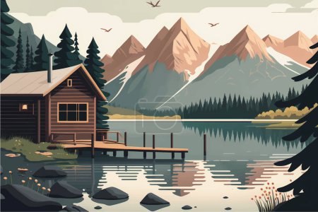 Cabaña Serene Mountain Lake en medio de un exuberante bosque y picos majestuosos: Ilustración de vectores planos con espacio para redes sociales