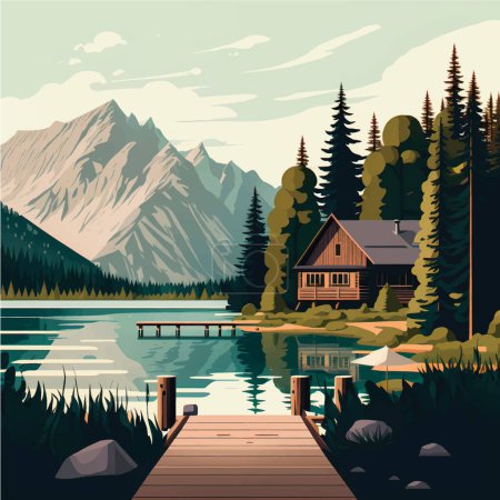Cabaña Serene Mountain Lake en medio de un exuberante bosque y picos majestuosos: Ilustración de vectores planos con espacio para redes sociales