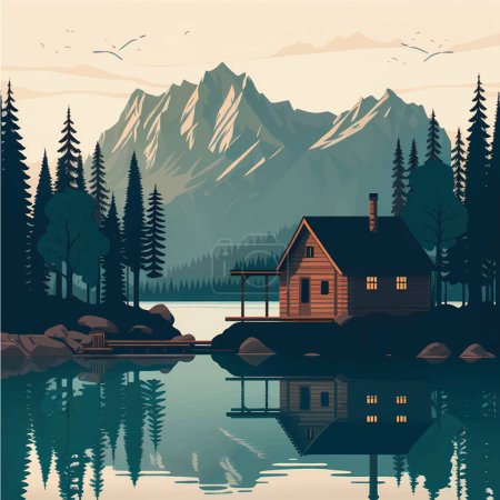 Serene Mountain Lake Cabin inmitten üppiger Wälder und majestätischer Gipfel: Flache Vektorillustration mit Social Media Space