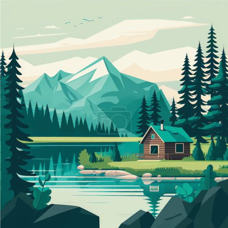 Ilustración de Cabaña Serene Mountain Lake en medio de un exuberante bosque y picos majestuosos: Ilustración de vectores planos con espacio para redes sociales - Imagen libre de derechos