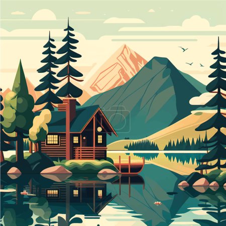 Cabane Serene Mountain Lake au milieu d'une forêt luxuriante et de sommets majestueux : Illustration vectorielle plate avec espace de médias sociaux