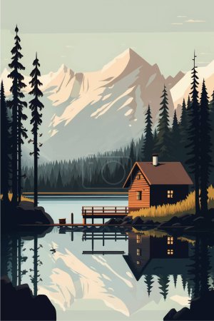 Serene Mountain Lake Cabin inmitten üppiger Wälder und majestätischer Gipfel: Flache Vektorillustration mit Social Media Space