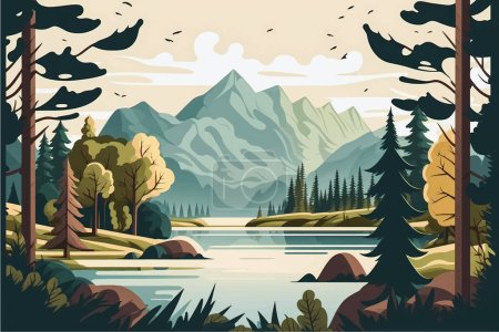 Mesmerizing Mountain Lake Scenery with Lush Trees: Flat Vector Illustration with Social Media Space